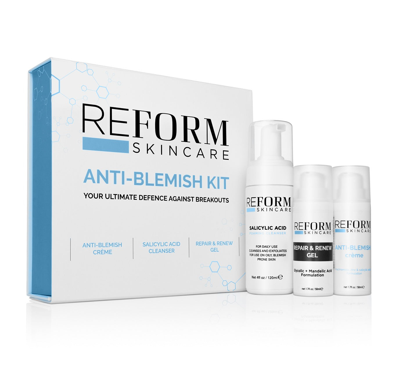 Reform Skincare Anti Blemish Kit for acne-prone skin, complete facial treatment for clear complexion